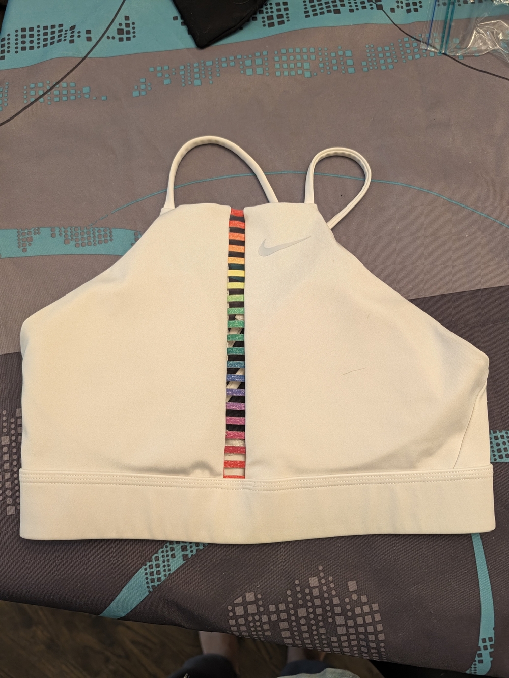 Nike White High-Neck Sports Crop with Rainbow Center Trim